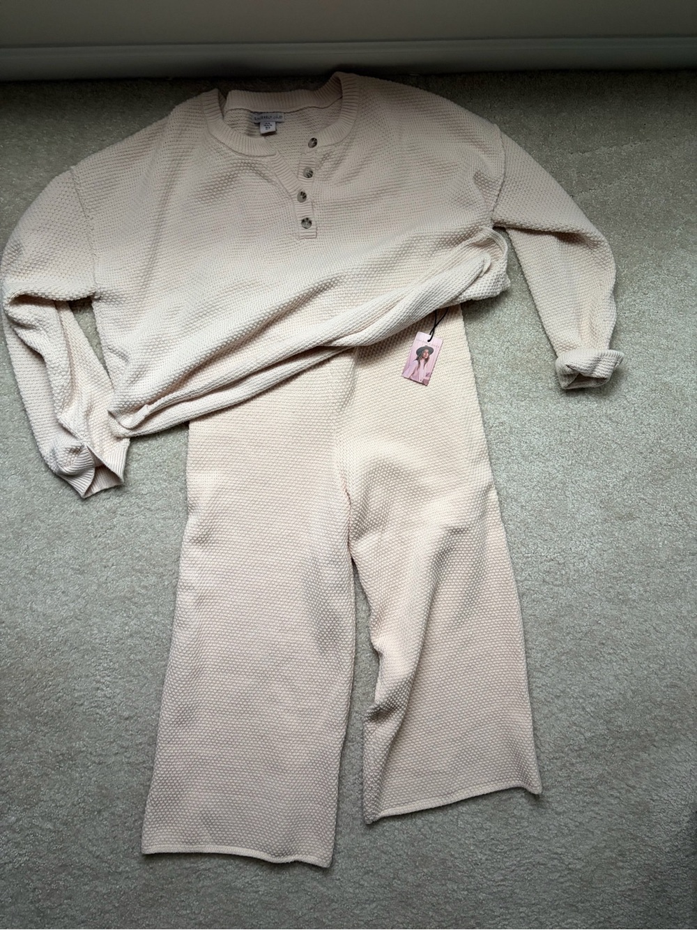 Sincerly Jules Cream Waffle Knit Two-Piece Loungewear Set